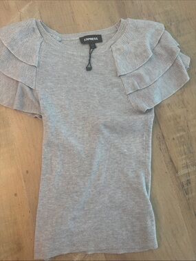 Express Soft Gray Ribbed Knit Top with Ruffle Sleeves